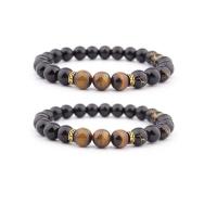 Gemstone Bracelets Glass Beads with Tiger Eye & Zinc Alloy Round gold color plated elastic & Unisex black 8mm Length 7.5 Inch Sold By PC