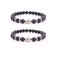 Gemstone Bracelets Abrazine Stone with Zinc Alloy Buddha silver color plated elastic & Unisex black 8mm Length 7.5 Inch Sold By PC