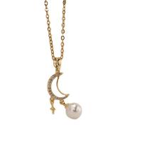 Titanium Steel Necklace with Plastic Pearl with 1.97 extender chain Moon gold color plated for woman & with rhinestone gold Length 15.75 Inch Sold By PC