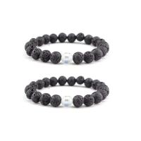 Gemstone Bracelets Lava with Crystal Round elastic & Unisex black 8mm Length 7.5 Inch Sold By PC