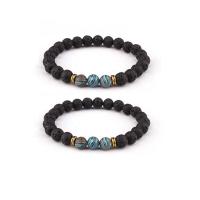 Gemstone Bracelets, Lava, with Malachite & Tibetan Style, Round, gold color plated, elastic & Unisex, black, 8mm, Length:7.5 Inch, Sold By PC