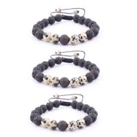Gemstone Bracelets, Lava, with Polyester Cord & Dalmatian, Round, Unisex & adjustable, black, 8mm, Length:7.5 Inch, Sold By PC