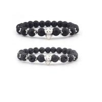 Gemstone Bracelets, Abrazine Stone, with Lava, Skull, silver color plated, elastic & Unisex & different styles for choice, black, 8mm, Length:7.5 Inch, Sold By PC