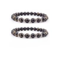 Bracelet de perles de verre, Des billes de verre, avec alliage de zinc, Rond, Placage de couleur argentée, élastique & unisexe, noire, 8mm, Longueur:7.5 pouce, Vendu par PC