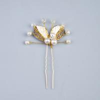 Hair Stick, Iron, with Crystal & Plastic Pearl, fashion jewelry & for woman, golden, nickel, lead & cadmium free, 90x50mm, Sold By PC