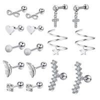 Stainless Steel Ear Piercing Jewelry, 304 Stainless Steel, polished, fashion jewelry & with rhinestone, silver color, 1.20x6x3mm, 16PCs/Set, Sold By Set