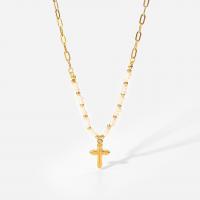 Stainless Steel Jewelry Necklace 304 Stainless Steel with Freshwater Pearl with 60mm extender chain Cross Vacuum Ion Plating for woman golden Length Approx 390 mm Sold By PC