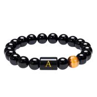 Black Agate Bracelet, with Tiger Eye, Alphabet Letter, elastic & Unisex & different styles for choice, black, 8mm, Length:7.5 Inch, Sold By PC