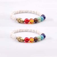 Howlite Bracelet, with Gemstone & Tibetan Style, Buddha, gold color plated, elastic & Unisex, mixed colors, 8mm, Length:7.5 Inch, Sold By PC