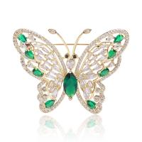 Cubic Zirconia Brooch, Brass, Butterfly, gold color plated, fashion jewelry & micro pave cubic zirconia & for woman, green, nickel, lead & cadmium free, 49x37mm, Sold By PC