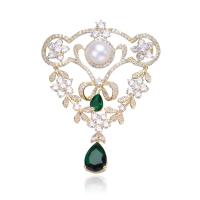 Cubic Zirconia Brooch Brass with Plastic Pearl real gold plated vintage & micro pave cubic zirconia & for woman green nickel lead & cadmium free Sold By PC