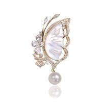 Cubic Zirconia Brooch Brass with White Shell & Plastic Pearl Butterfly real gold plated fashion jewelry & micro pave cubic zirconia & for woman golden nickel lead & cadmium free Sold By PC