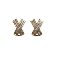 Brass Stud Earring, gold color plated, for woman & with rhinestone, 12x17mm, Sold By Pair