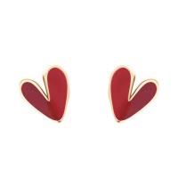 Pendientes de Perno en Latón, metal, Corazón, chapado en color dorado, para mujer & esmalte, Rojo, 20x15mm, Vendido por Par
