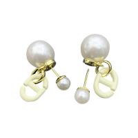 Brass Drop Earring, with Plastic Pearl, gold color plated, for woman & enamel, more colors for choice, 14x25mm, Sold By Pair