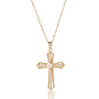 Cubic Zircon Micro Pave Brass Necklace, Cross, gold color plated, micro pave cubic zirconia & for woman, 23x37mm, Length:Approx 15.74 Inch, Sold By PC