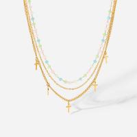 Multi Layer Necklace 304 Stainless Steel with 5cm extender chain Cross Vacuum Ion Plating three layers & for woman golden 90mm Length Approx 39 cm Sold By PC