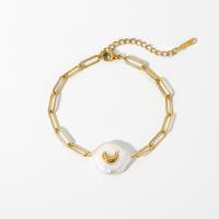 Stainless Steel Jewelry Bracelet, 304 Stainless Steel, with Freshwater Pearl, with 2inch extender chain, Vacuum Ion Plating, for woman, golden, Length:Approx 7.1 Inch, Sold By PC