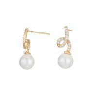 Cubic Zirconia Micro Pave Brass Earring, with Freshwater Pearl, gold color plated, different styles for choice & micro pave cubic zirconia & for woman, Sold By Pair