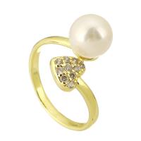 Messing Manchet Finger Ring, met Plastic Pearl, hoge kwaliteit gold plated, Verstelbare & micro pave zirconia & voor vrouw, 8x8mm, Maat:7, Verkocht door PC