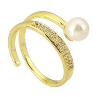 Cúbicos Circonia Micro Pave anillo de latón, metal, con Perlas plásticas, color del oro de la alta calidad chapado, Ajustable & micro arcilla de zirconia cúbica & para mujer, 6x6mm, tamaño:8, Vendido por UD