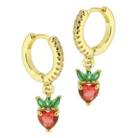 Huggie Hoop Drop Earring Brass Strawberry high quality gold color plated micro pave cubic zirconia & for woman red 25mm Sold By Pair
