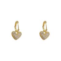 Huggie Hoop Drop Earring, Tibetan Style, Heart, high quality plated, fashion jewelry & for woman & with rhinestone, golden, 23x13mm, Sold By Pair