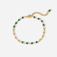 Stainless Steel Jewelry Bracelet, 304 Stainless Steel, with Malachite, with 3.9cm extender chain, Vacuum Ion Plating, for woman, golden, 0.3cm,0.2cm, Length:Approx 16.5 cm, Sold By PC