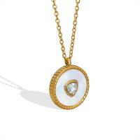Titanium Steel Necklace with Cubic Zirconia & White Shell with 5cm extender chain Flat Round Vacuum Ion Plating for woman 15mm Length Approx 40 cm Sold By PC