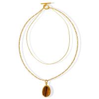 Titanstahl Halskette, mit Tigerauge, Doppelschicht & für Frau, goldfarben, 25x41mm, Länge:ca. 45 cm, ca. 60 cm, verkauft von PC