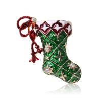 Рождественские Броши, цинковый сплав, Рождественский носок, плакирован золотом, ювелирные изделия моды & эмаль & со стразами, зеленый, не содержит никель, свинец, 35x38mm, продается PC