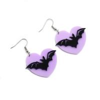 Acrylique Boucle d'oreille goutte, coeur, Bijoux d'Halloween & pour femme, violet, 55x40mm, Vendu par paire