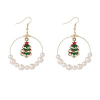 Christmas Earrings, Tibetan Style, with Plastic Pearl, KC gold color plated, Christmas Design & fashion jewelry & different styles for choice & for woman & enamel, nickel, lead & cadmium free, 65mm, Sold By Pair