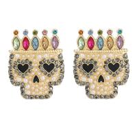 Tibetan Style Stud Earring, with acrylic rhinestone, Skull, Halloween Design & fashion jewelry & for woman, nickel, lead & cadmium free, 35x28mm, Sold By Pair