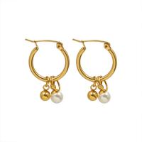 Titanium Steel  Earring with Plastic Pearl Vacuum Ion Plating for woman golden 28mm Sold By Pair