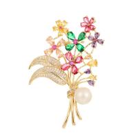 Cubic Zirconia Brooch, Brass, with Plastic Pearl, Bouquet, gold color plated, fashion jewelry & micro pave cubic zirconia & for woman, golden, nickel, lead & cadmium free, 40x63mm, Sold By PC