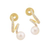 Cubic Zirconia Micro Pave Brass Earring, with Freshwater Pearl, gold color plated, different styles for choice & micro pave cubic zirconia & for woman, 10x22mm, Sold By Pair