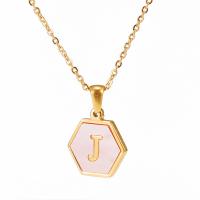 Stainless Steel Jewelry Necklace, 304 Stainless Steel, with Pearl Shell, gold color plated, different designs for choice & with letter pattern & for woman, 16mm, Length:Approx 17.7 Inch, Sold By PC