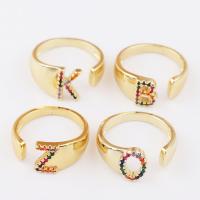 Cubic Zirconia Micro Pave Brass Ring Alphabet Letter real gold plated Adjustable & micro pave cubic zirconia & for woman multi-colored 110mm Sold By PC