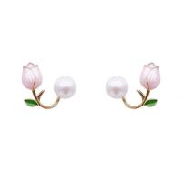 Brass Stud Earring with Plastic Pearl Tulip gold color plated stoving varnish & for woman & enamel nickel lead & cadmium free 20mm Sold By Pair
