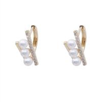 Cubic Zirconia Micro Pave Brass Earring, with Plastic Pearl, Geometrical Pattern, gold color plated, micro pave cubic zirconia & for woman, nickel, lead & cadmium free, 12x10mm, Sold By Pair