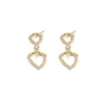 Cubic Zirconia Micro Pave Brass Earring, Heart, fashion jewelry & micro pave cubic zirconia & for woman, golden, nickel, lead & cadmium free, 19x11mm, Sold By Pair