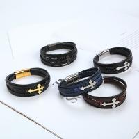 PU Leather Cord Bracelets with Titanium Steel Cross plated vintage & multilayer & for man Length 21.5 cm Sold By PC