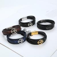 PU Leather Cord Bracelets with Titanium Steel Peace Logo plated vintage & multilayer & for man Length 21.5 cm Sold By PC
