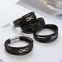Leather Cord Bracelet, with Titanium Steel, Number 8, plated, vintage & multilayer & for man, more colors for choice, Length:21.5 cm, Sold By PC