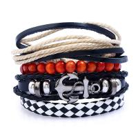 Split Layer Cowhide Leather Bracelet Set, with Linen & Wood & Copper Coated Plastic & Tibetan Style, with 8-10cm*2 extender chain, knit, vintage & 4 pieces & Adjustable, more colors for choice, Length:17-18 cm, Sold By Set