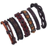 Cowhide Bracelet Set with PU Leather & Wax Cord with 8-9cm*2 extender chain knit 6 pieces & vintage & Adjustable Length 17-18 cm Sold By Set