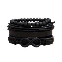 Cowhide Bracelet Set, with PU Leather & Wood & Tibetan Style, with 8-10cm*2 extender chain, knit, vintage & 4 pieces & Adjustable & for man, black, Length:17-18 cm, Sold By Set