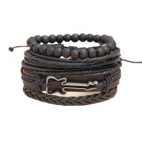 Cowhide Bracelet Set, with Linen & PU Leather & Wood & Tibetan Style, with 8-9cm*2 extender chain, knit, vintage & 4 pieces & Adjustable & for man, black, Length:17-18 cm, Sold By Set