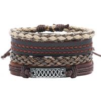 Cowhide Bracelet Set with Linen & Wax Cord & Zinc Alloy with 8-9cm*2 extender chain knit vintage & 4 pieces & Adjustable & for man brown Sold By Set